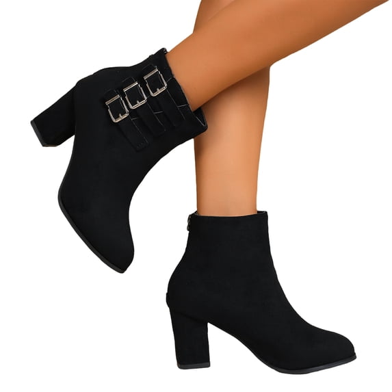 EKVAHL Women's Ankle Booties, Side Zip Adjustable Strap Block Heel Booties, Faux Suede Casual Office Work Walking Boots Black