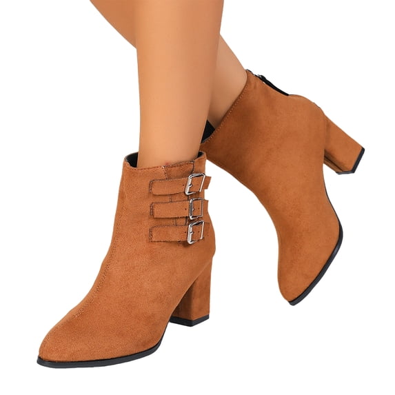 EKVAHL Women's Ankle Booties, Side Zip Adjustable Strap Block Heel Booties, Faux Suede Casual Office Work Walking Boots Brown
