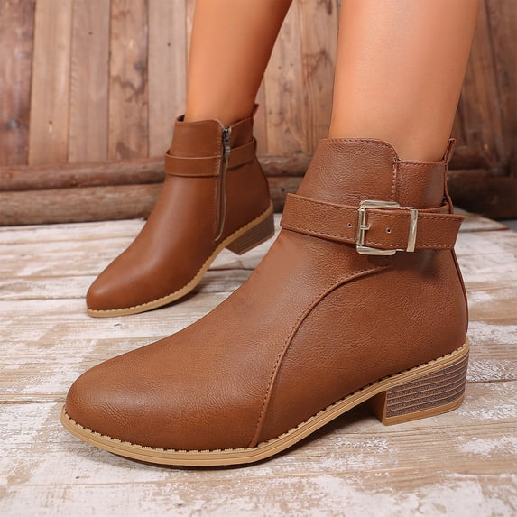 EKVAHL Women's Ankle Boots Chunky Low Heel Walking Comfort Ankle Boots Faux Leather Pointrd Toe Side Zipper Booties Breathable Lightweight Non-Slip Shoes