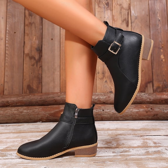 EKVAHL Women's Ankle Boots Chunky Low Heel Walking Comfort Ankle Boots Faux Leather Pointrd Toe Side Zipper Booties Breathable Lightweight Non-Slip Shoes