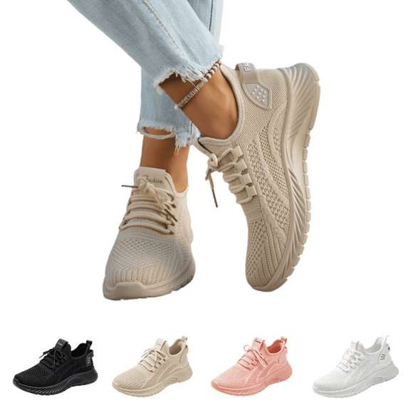 EKVAHL Women's Athletic Walking Sneakers, Breathable Mesh Cushioned Non‑Slip Shoes, Fitness Work Outdoor Daily Casual Shoes Beige