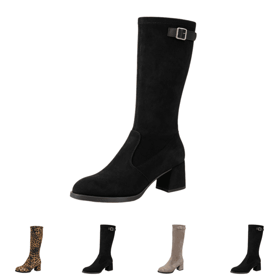 EKVAHL Women's Block Heel Knee High Boots, Faux Suede Adjustable Buckle Tall Boots, Round Toe Office Shopping Fall Winter Boots Black
