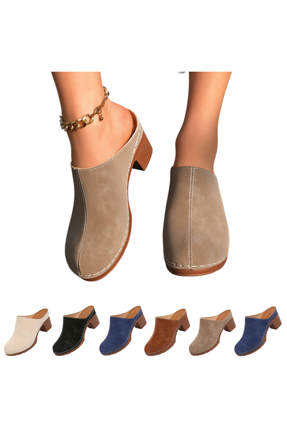 Women's Block Heels Clog Shoes Stylish Closed Toe Dressy Casual Slip On Arch Support Sandal No Back Straps Mule Pumps Clogs Khaki