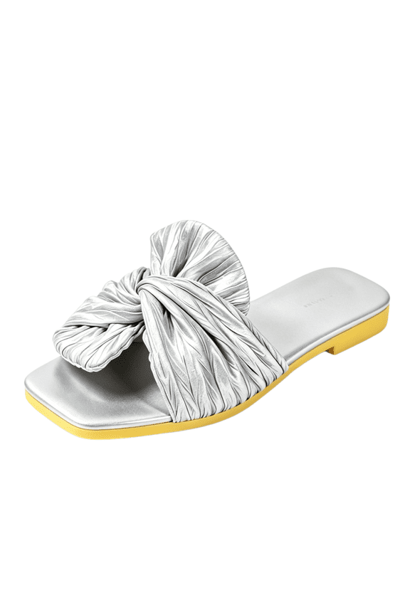 Women's Bow Flat Sandals Square Open Toe Summer Comfort Slip on Slide Sandals Bridal Wedding Dress Shoes Silver