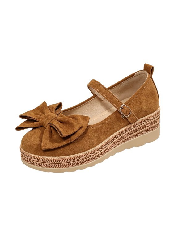 Women's Bow Wedge Mary Jane Flats, Adjustable Strap Ballet Flats, Espadrille Platform Closed Toe Walking Shoes for Party Weekend Brown