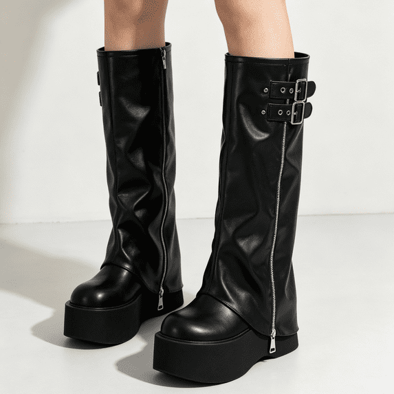 EKVAHL Women's Buckle Knee High Boots, Fold‑Over Tall Riding Boots, Chunky Low Heel Wide Calf Fashion Boots Black