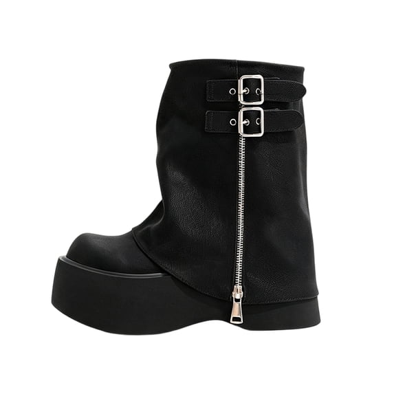 EKVAHL Women's Buckle Mid‑Calf Boots, Faux Leather Decorative Strap Moto Boots, Chunky Low Heel Round Toe Casual Boots Black