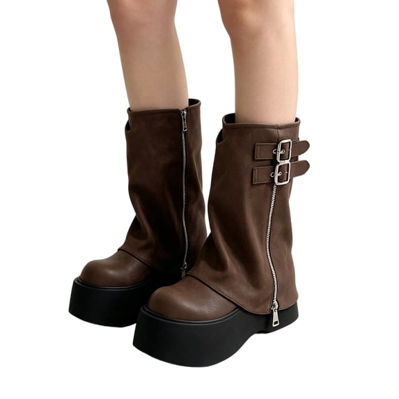EKVAHL Women's Buckle Mid‑Calf Boots, Faux Leather Decorative Strap Moto Boots, Chunky Low Heel Round Toe Casual Boots Brown