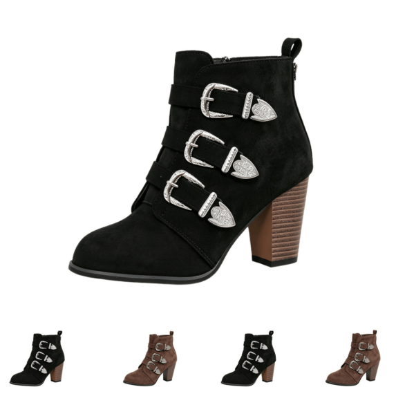 EKVAHL Women's Buckle Strap Ankle Booties, Faux Suede Round Toe Chunky High Heel Booties, Retro Style Fall Winter Daily Outdoor Booties Black