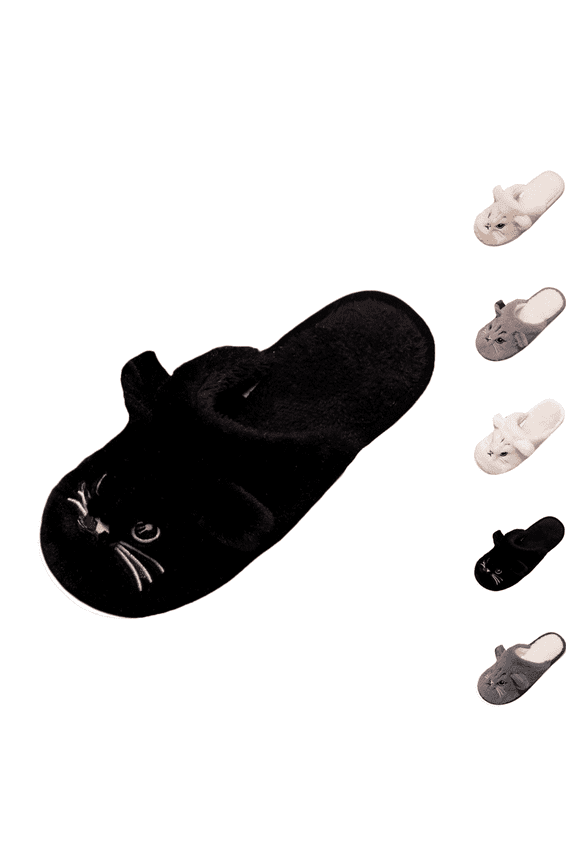 Women's Cartoon Cat Fuzzy Slippers, Plush Animal Open Back Mules, Non-Slip Rubber Sole Warm Winter Indoor Home Casual Slides Black