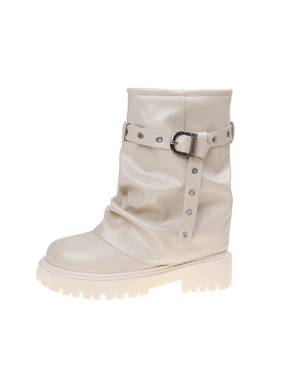 Women's Casual Slouchy Boots, Faux Leather Ring Buckle Slip‑On Boots, Round Toe Ruched Mid‑Calf Daily Commute Walking Boots White
