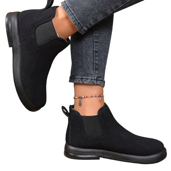 EKVAHL Women's Chelsea Ankle Boots, Orthopedic Slip On Booties Walking Shoes, Matte Suede Full Fleece Lined Arch Support Platform Outdoor Travel Winter Daily Shoes Black