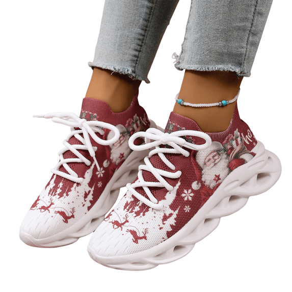 EKVAHL Women's Christmas Athletic Sneakers, Knit Upper Holiday Theme Shoes, Lace‑Up Lightweight Gym Daily Walking Shoes Red