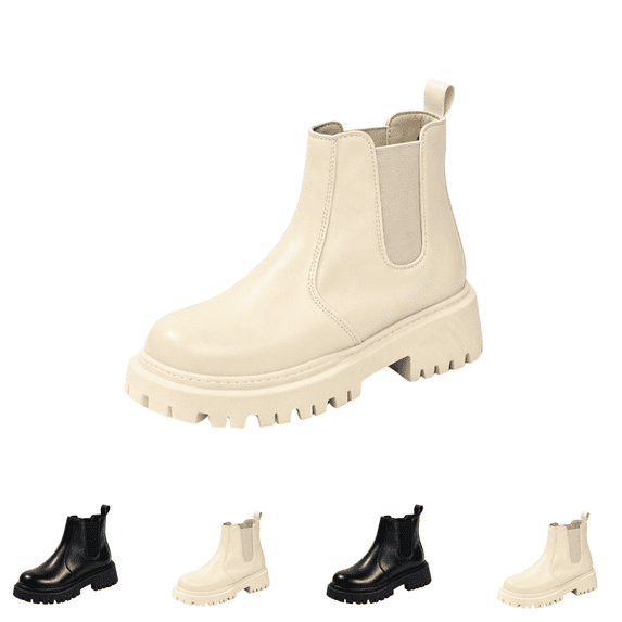 EKVAHL Women's Chunky Platform Chelsea Boots Lug Sole Slip‑On Ankle Booties Round Toe Waterproof Fall Winter Short Boots Beige