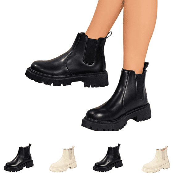 EKVAHL Women's Chunky Platform Chelsea Boots Lug Sole Slip‑On Ankle Booties Round Toe Waterproof Fall Winter Short Boots Black