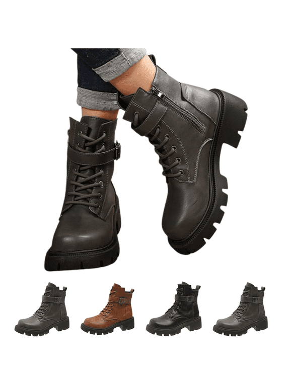 Women's Combat Boots Classic Lace-Up Ankle Booties with Side Zipper & Buckle, Chunky Non‑Slip Casual Fashion Footwear