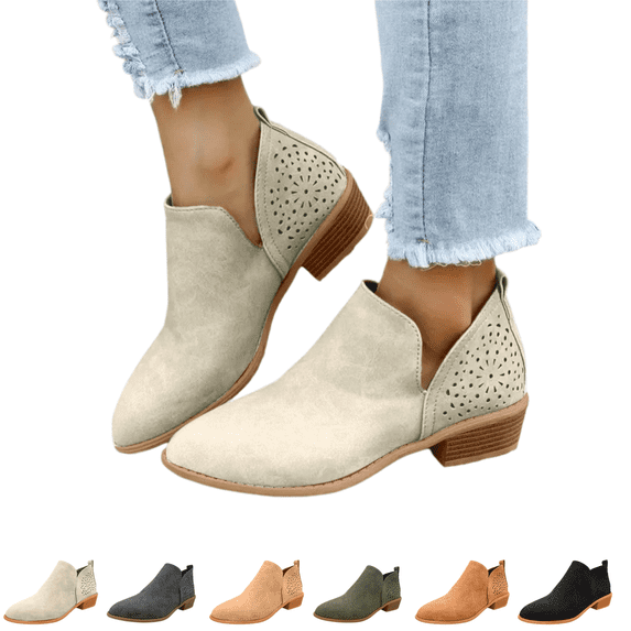 EKVAHL Women's Cutout Ankle Booties, Slip On Faux Suede Low Block Heel Chelsea Boots, Round Toe Hollow Out Short Boots Non SlipCasual Walking Shoes