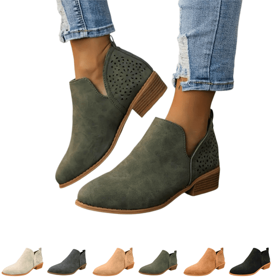 EKVAHL Women's Cutout Ankle Booties, Slip On Faux Suede Low Block Heel Chelsea Boots, Round Toe Hollow Out Short Boots Non SlipCasual Walking Shoes
