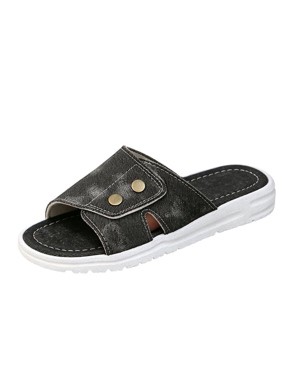 Women's Denim Fabric Platform Slide Sandals, Orthopedic Arch Support Layered Anti Slip Slippers, Daily Errand Lightweight Walking Slides Black