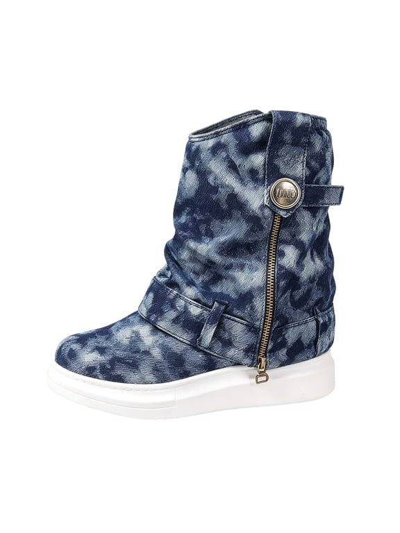 Women's Denim Mid Calf Boots, Tie Dye Fabric Side Zipper Platform Booties, Ruched Design Casual Travel Outdoor Daily Booties Blue