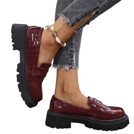 EKVAHL Women's Fashion Printed Patent Leather Platform Loafers Comfortable Slip-On Lug Sole Chunky Heel Penny Shoes Casual Dressy Business Work Shoes