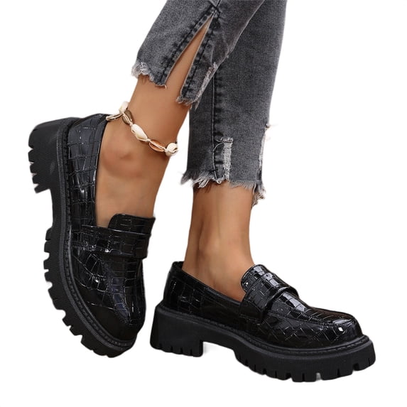 EKVAHL Women's Fashion Printed Patent Leather Platform Loafers Comfortable Slip-On Lug Sole Chunky Heel Penny Shoes Casual Dressy Business Work Shoes