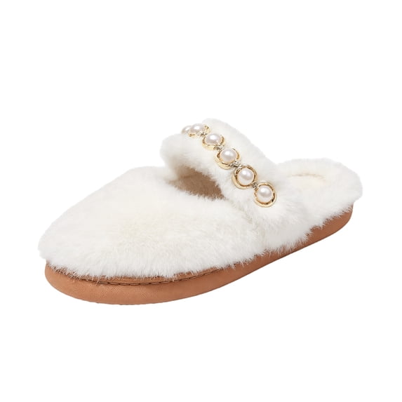 EKVAHL Women's Faux Fuzzy House Slippers, Pearl Strap Open Toe Slides, Soft Plush Bedroom Home Daily Leisure Indoor Casual Slippers Beige