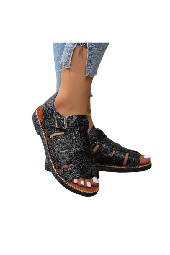 Women's Fisherman Leather Sandals, Handmade Non-Slip Walking Flat Sandals, Hollow Cutout Closed Toe Summer Beach Shoes with Adjustable Buckle Black