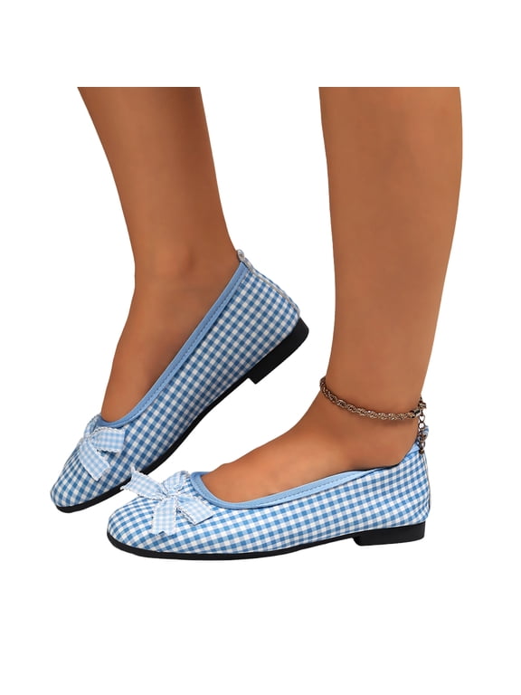 Women's Gingham Ballet Flats, Fabric Bow Decor Dress Flats, Soft Sole Round Toe Casual Ballerina Shoes Blue