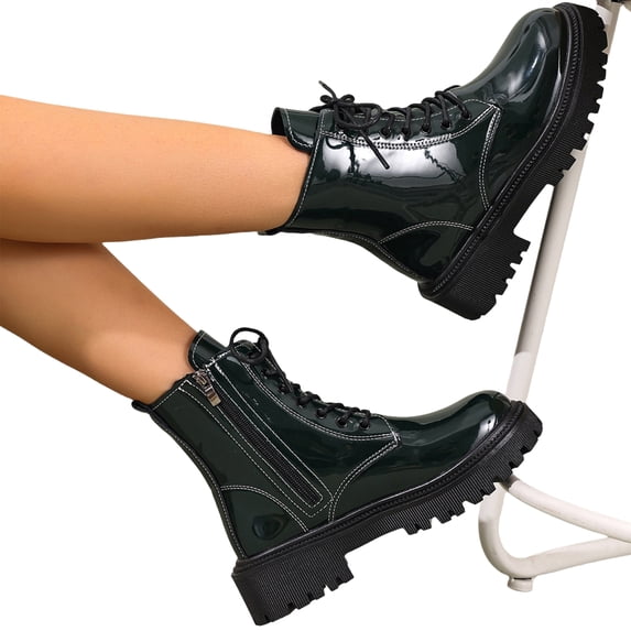 EKVAHL Women's Glossy Combat Boots, Faux Leather Lug Sole Booties, Platform Ankle Boots for Party Daily Strolls Green