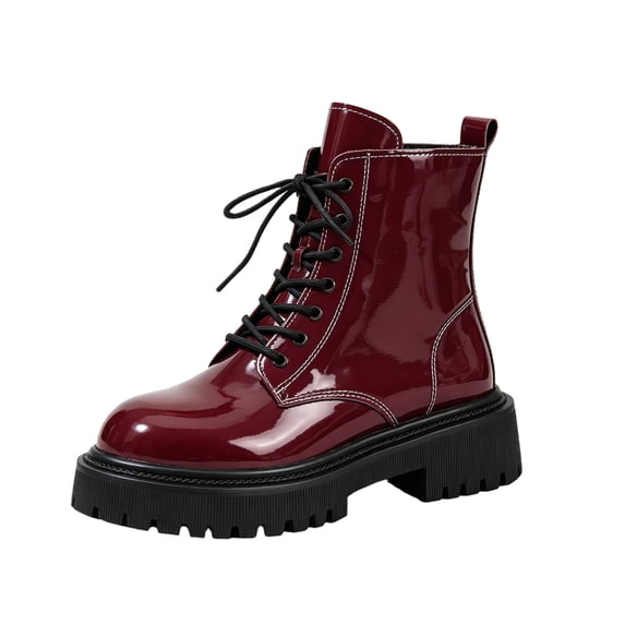 EKVAHL Women's Glossy Combat Boots, Faux Leather Lug Sole Booties, Platform Ankle Boots for Party Daily Strolls Red