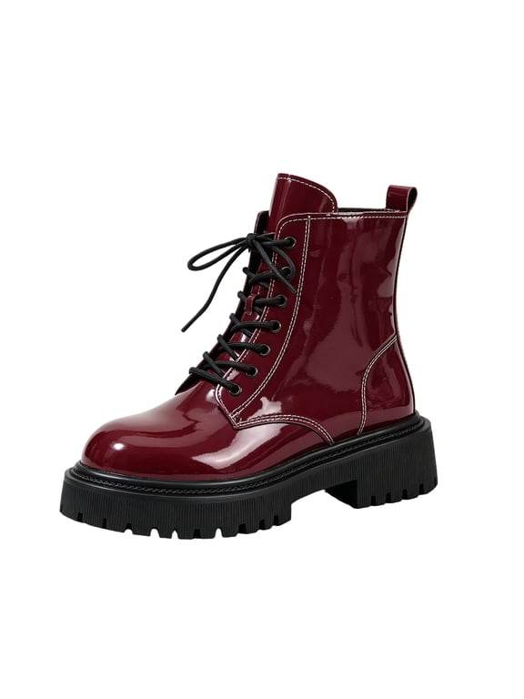 Women's Glossy Combat Boots, Faux Leather Lug Sole Booties, Platform Ankle Boots for Party Daily Strolls Red
