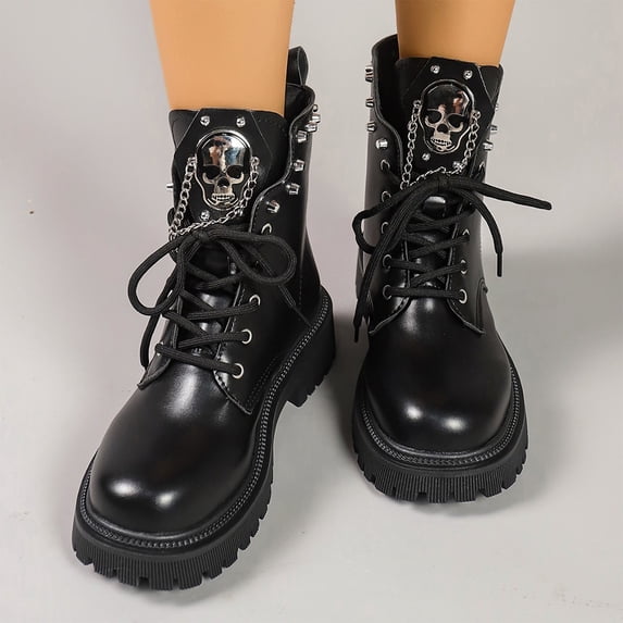 EKVAHL Women's Goth Lace Up Ankle Boots, Faux Leather Lug Sole Platform Booties, Skull Chain Decor Street Style Autumn Winter Booties Black