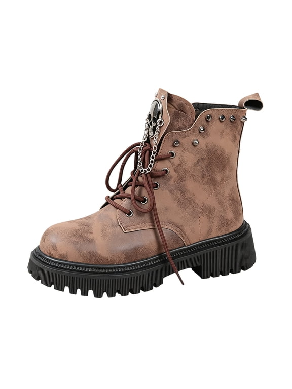 Women's Goth Lace Up Ankle Boots, Faux Leather Lug Sole Platform Booties, Skull Chain Decor Street Style Autumn Winter Booties Brown