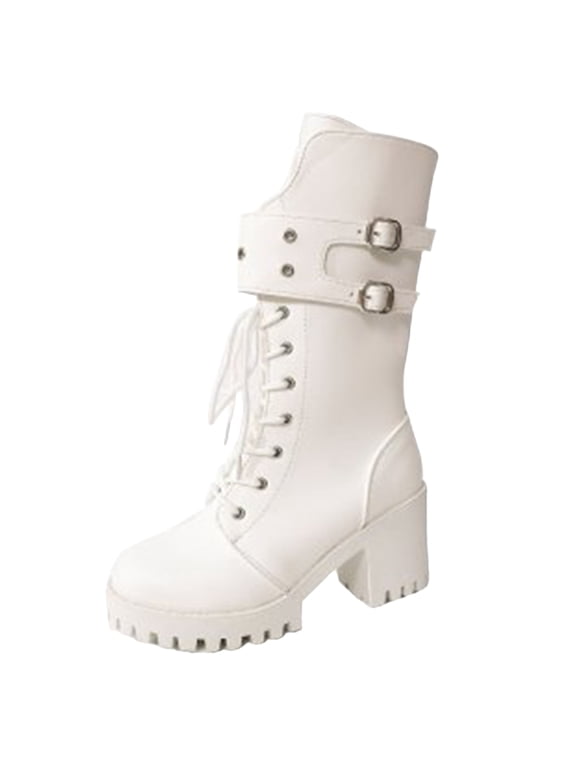 Women's Goth Mid‑Calf Boots, Lace‑Up Buckle Biker Booties, Chunky Platform Punk Party Daily Walking Boots White
