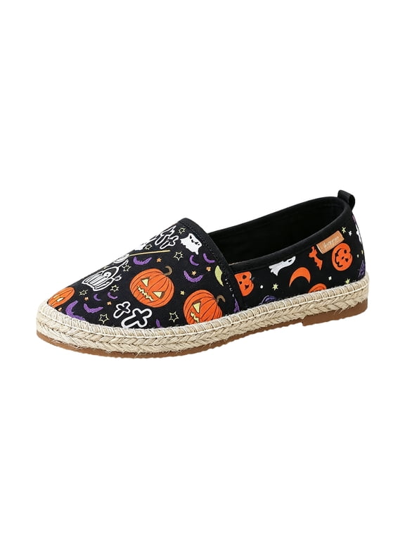 Women's Halloween Shoes, Pumpkin Ghost Round Toe Slip‑On Espadrilles, Flat Wrapped Sole Casual Daily Walking Flats Black