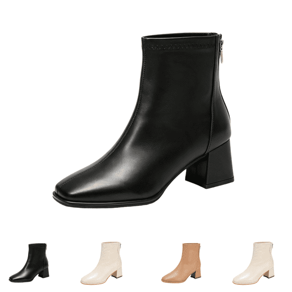 EKVAHL Women's Heel Ankle Boots Smooth Faux Leather Zipper Booties, Mid Block Heel Dress Boots Wedding Office Autumn Daily Booties Black