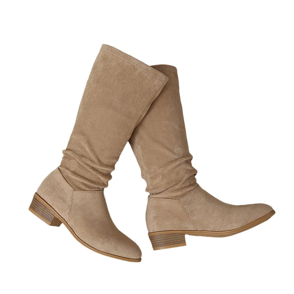 EKVAHL Women's Knee High Boots, Non‑Slip Faux Suede Slouch Tall Boots, Low Block Heel Wide Calf Walking Boots Brown