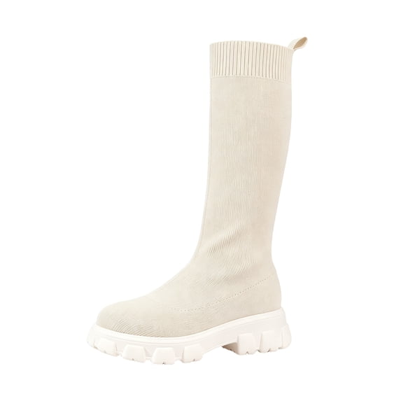 EKVAHL Women's Knee High Boots, Platform Stretch Knit Pull On Tall Shoes, Round Toe Fall Outdoor Street Walking Boots Beige