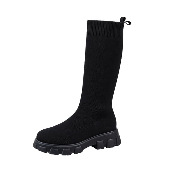 EKVAHL Women's Knee High Boots, Platform Stretch Knit Pull On Tall Shoes, Round Toe Fall Outdoor Street Walking Boots Black