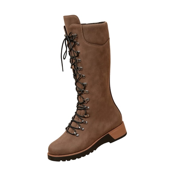 EKVAHL Women's Knee High Riding Boots, Lace‑Up Faux Suede Mid Height Tall Boots, Chunky Low Heel Outdoor Gathering Party Boots Brown