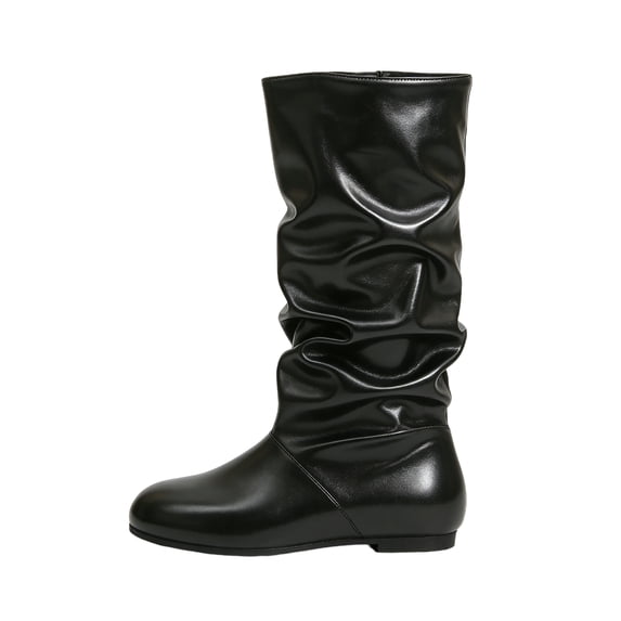 EKVAHL Women's Knee High Slouch Boots, Pull‑On Faux Leather Tall Dress Boots, Round Toe Flat Heel Party Casual Boots Black