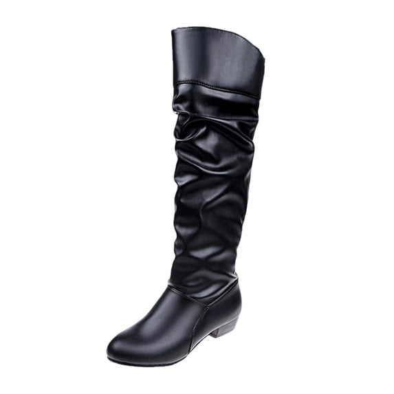 EKVAHL Women's Knee High Slouchy Boots, Pull On Faux Leather Ruched Tall Boots, Low Heel Fall Occasion Casual Dress Boots Black
