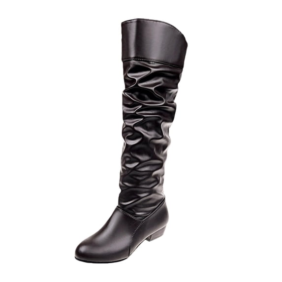 EKVAHL Women's Knee High Slouchy Boots, Pull On Faux Leather Ruched Tall Boots, Low Heel Fall Occasion Casual Dress Boots Brown