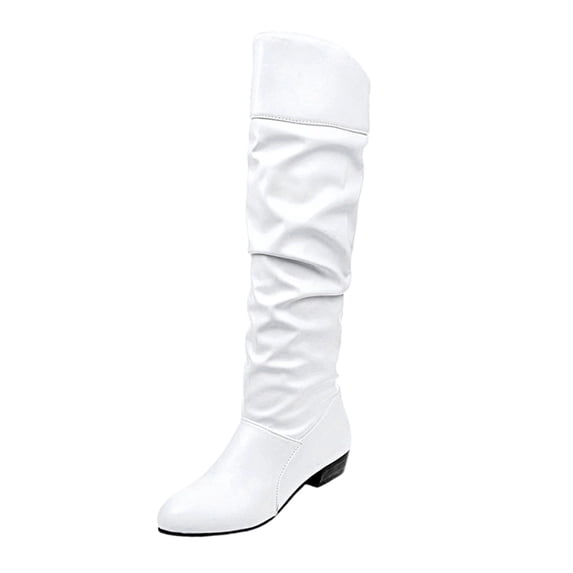 EKVAHL Women's Knee High Slouchy Boots, Pull On Faux Leather Ruched Tall Boots, Low Heel Fall Occasion Casual Dress Boots White
