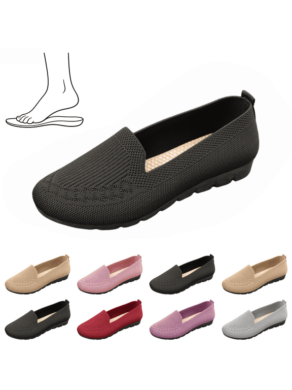 Women's Knit Loafers, Breathable Mesh Slip-On Flats, Orthopedic Lightweight Walking Shoes with Non-Slip Soft Sole Black