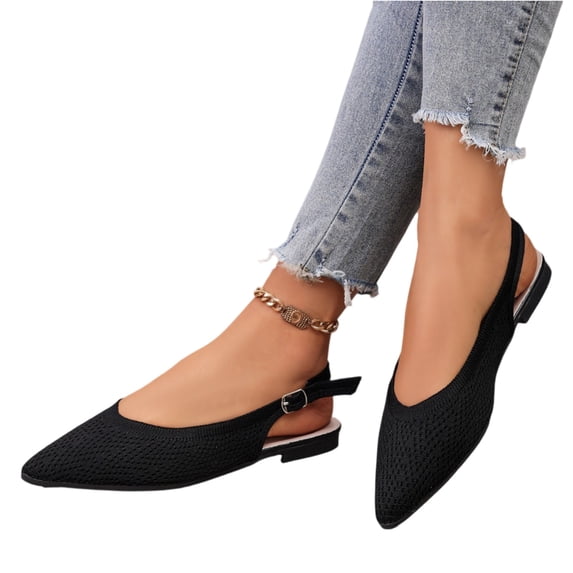 EKVAHL Women's Knit Slingback Flats, Arch Support Slip On Mules Ballet Loafers, Breathable Pointed Closed Toe Adjustable Buckle Office Dress Shoes Black
