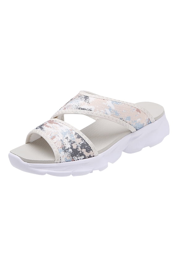Women's Knitted Platform Slides Orthopedic Arch Support Slip On Sandals, Lightweight Comfort Walking Footwear for Daily Use Beige