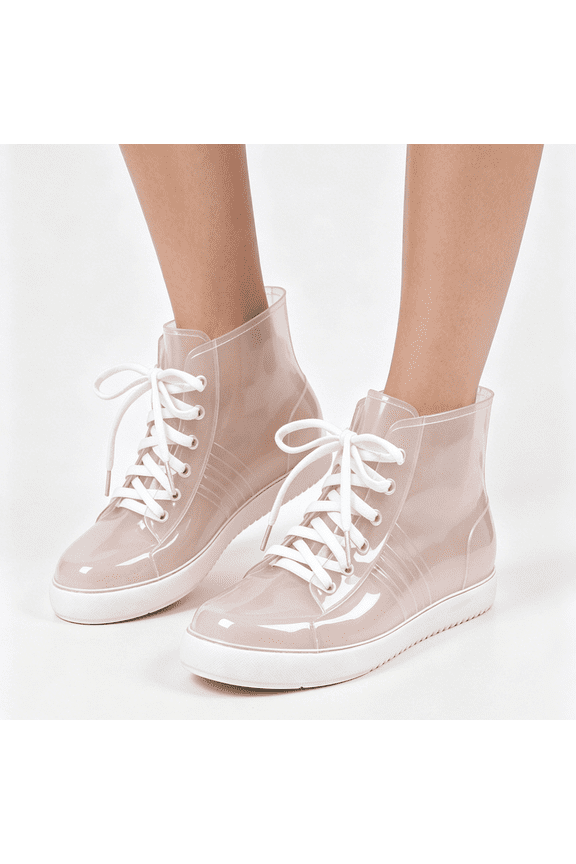 Women's Lace Up Ankle Rain Boots, Transparent Waterproof Rubber Lightweight Slip Resistant Booties, Clear Summer Outdoor Walking Water Shoes White