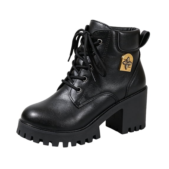 EKVAHL Women's Lace‑Up Combat Boots, Faux Synthetic Platform Booties, Chunky Block Heel Ankle Boots for Outdoor Street Wear Black